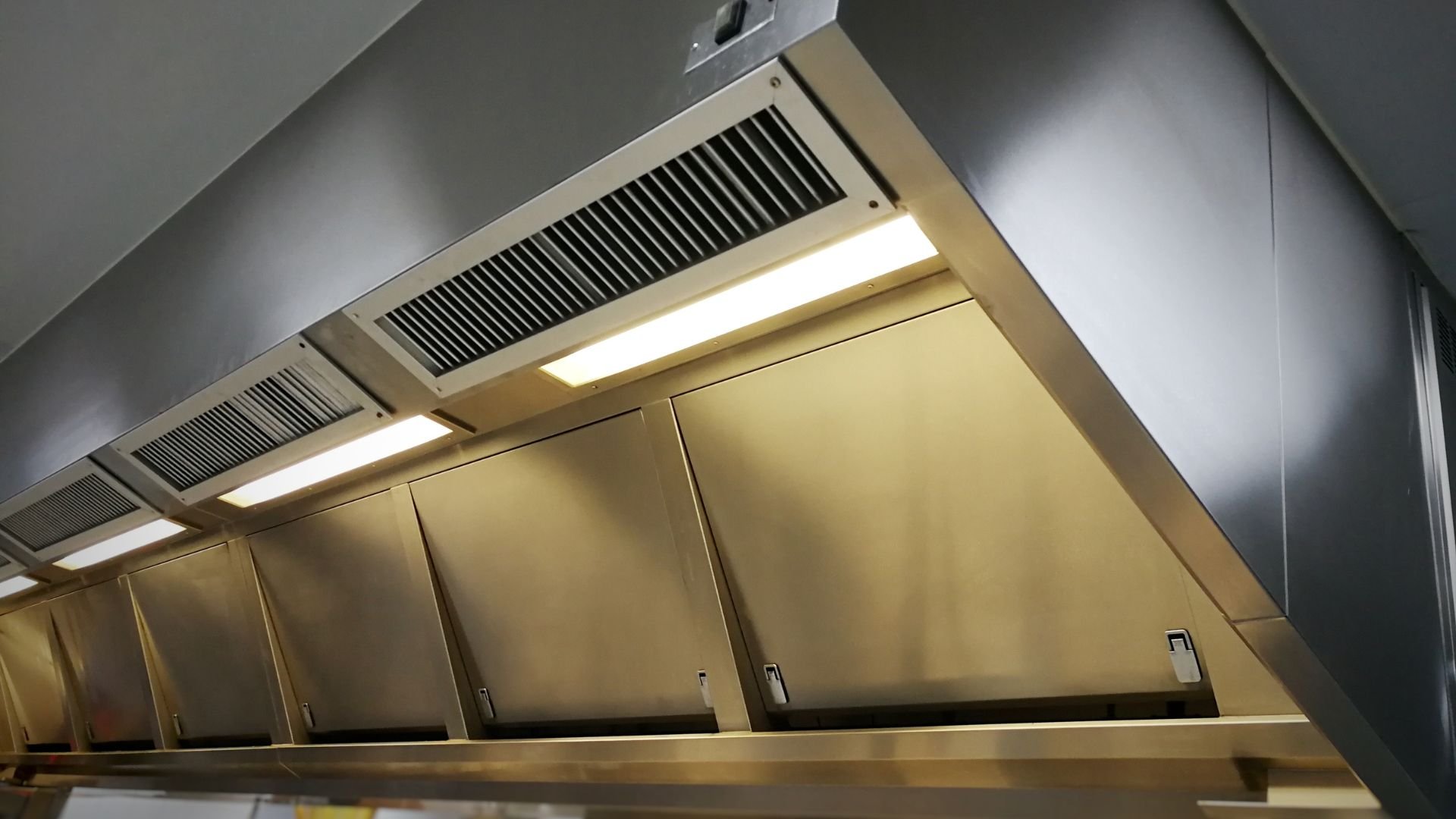 Commercial kitchen exhaust hood with ventilation and illuminated panels